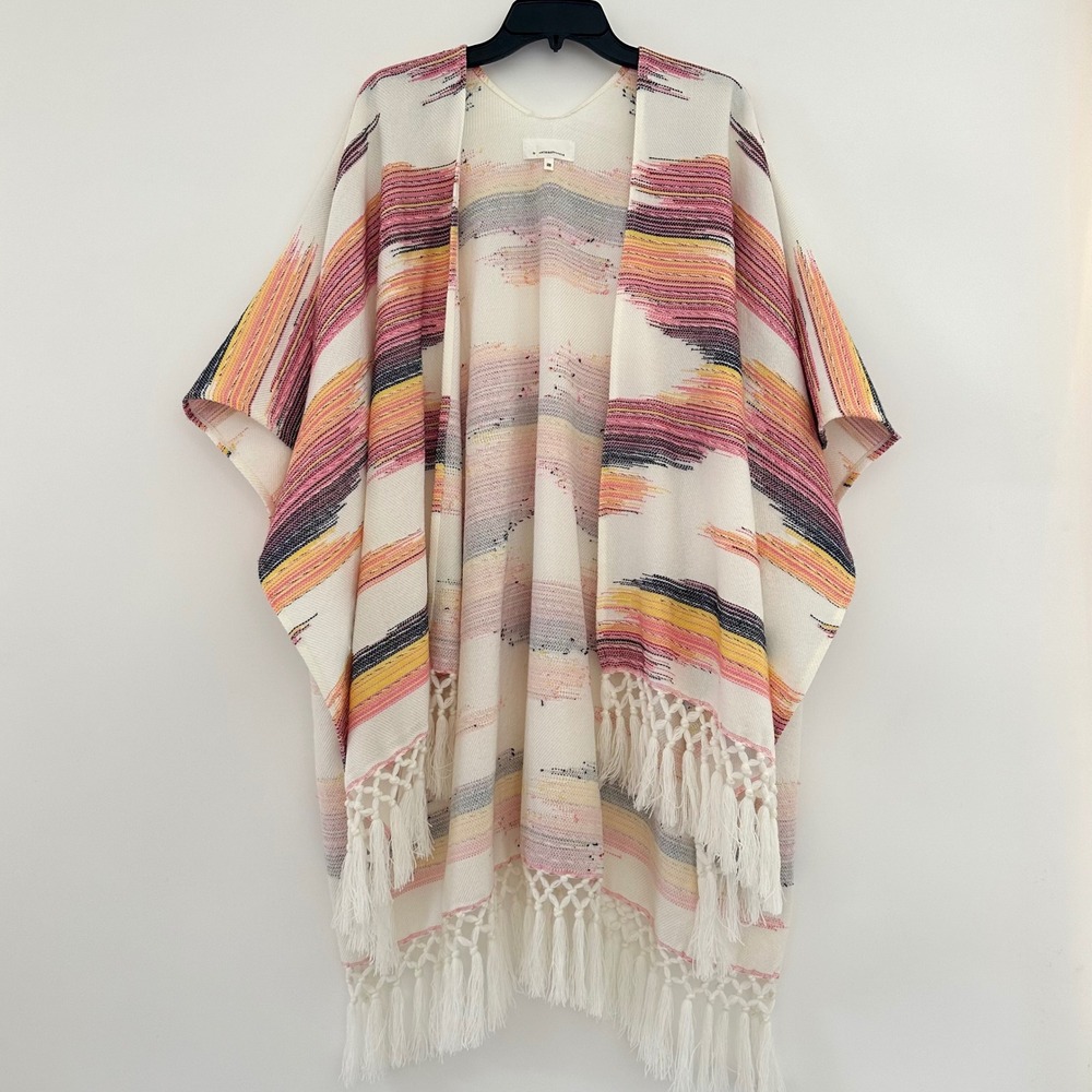 Anthropologie Multicolor Fringe Kimono Poncho Shawl One Size Boho Aztec Beach